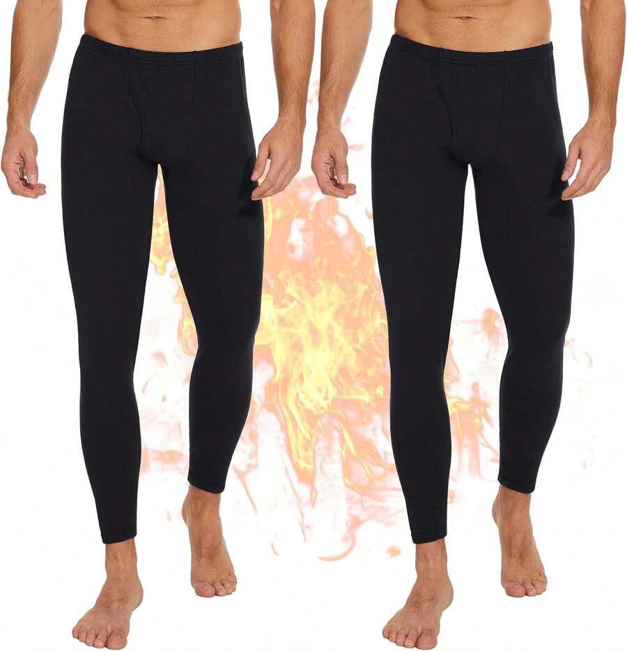 2-Pack Thermal Underwear Pants For Men, Fleece Lined For Cold Weather - 01 - Black/Black - View 1