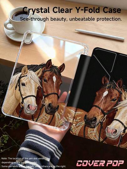 11-Inch Tablet Protective Case With Horse Pattern, Suitable For 2025 M3/2024 M2 Air, 2022 5th Gen Air, 2025 11th Gen 11-Inch (A16), Galaxy Tab, 2024 12th Gen Kindle Paperwhite, Transparent Back With Fashionable Pattern, Auto Wake/Sleep Function, Airbag Protection, Suitable For Gifts And Office Use
