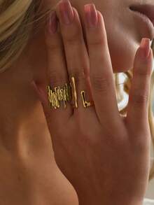 2pcs Stainless Steel 18K Gold Plated Elegant Minimalist Geometric Wave & Water Drop Adjustable Open Ring Set, Suitable For Women's Daily & Holiday Wear - Multicolor - View 9