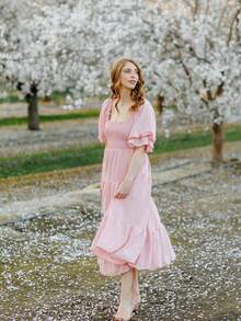 Mommy And Me Family Matching Outfits Mother Daughter Matching Dresses Summer Ruffled Hem Puff Half Sleeve Square Neck Smocked Back Off Shoulder Loose Long Maxi Dress Summer Holiday Beachwear - 粉色 - 查看 7