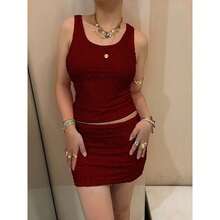 Women's .Y 2 Pieces Outfits Sequin Sparlle Glitter Crop Tank Top Bodycon Mini Skirt Set For Party Night Out Dating - Màu Đỏ Sâu - Xem 2