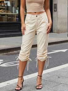 Women's Spring And Summer Capri Pants With Drawstring Cuffs, Solid Color, Fitted And Cropped - Khaki - View 8