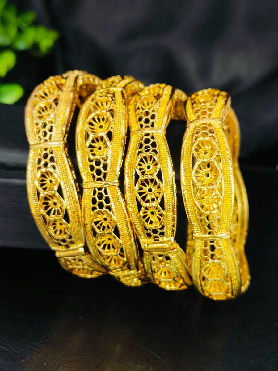 4件套镀金镂空花朵手镯,中东迪拜沙特阿拉伯新娘婚礼派对礼服配饰,情人节母亲节节日礼物,合金手镯 - 金黃色 - 查看 1