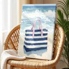 1 pza Cuadro decorativo de verano, estilo playa y océano, póster en lienzo enmarcado, bolsa de playa y arena - Estilo costero y acuarela, decoración para cumpleaños, para sala, recámara u oficina, incluye herrajes. - Lienzo enmarcado - Ver 3
