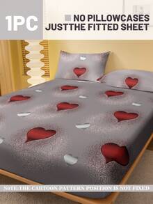 1pc Dotted Heart Pattern Printed Washed Fitted Sheet, Bedroom Printed Bed Cover, Bedding (Pillow Case Not Included) - Multicolor - View 2