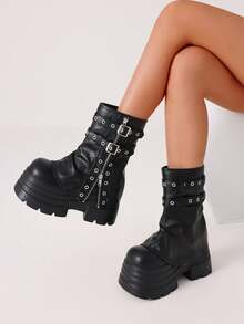 Women's Pleated Fold Over Ankle Boots Round Toe Buckle Moto Biker Boots Platform Chunky Heel Goth Thick Sole Slouched Ruched Booties For Women - 黑色 - 查看 8