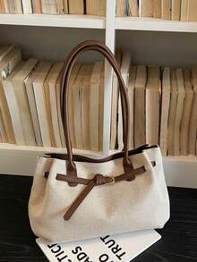 女士时尚大容量编织帆布搭扣单肩手提包 - 咖啡 - 查看 9