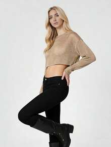 Women's Knit Sheer Tops Fashionable Round Neck Solid Color Long Sleeve Crop Blouse - Champán - Ver 4