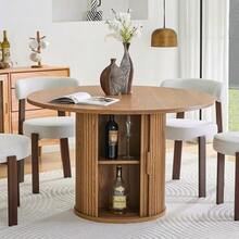 Mesa de comedor redonda de 120 cm para 4-6 personas, mesa de comedor redonda con barandilla de madera, con dos compartimentos de almacenamiento, mesa de comedor moderna de estilo rústico para cocina, sala de estar - Nuez - Ver 4