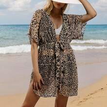 Beige Leopard Print Deep V-Neck Tie-Waist Short Sleeve Sheer Beach Cover Up Vacation - Multicolor - View 2