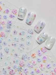 1片春夏马卡龙花卉美甲贴纸，美甲师必备，3D立体浮雕工艺，清新贝壳状花卉美甲装饰设计，自粘式美甲贴纸，DIY美甲贴花，女士美甲配饰礼品，春日氛围美甲装饰贴纸 - 彩色 - 查看 2
