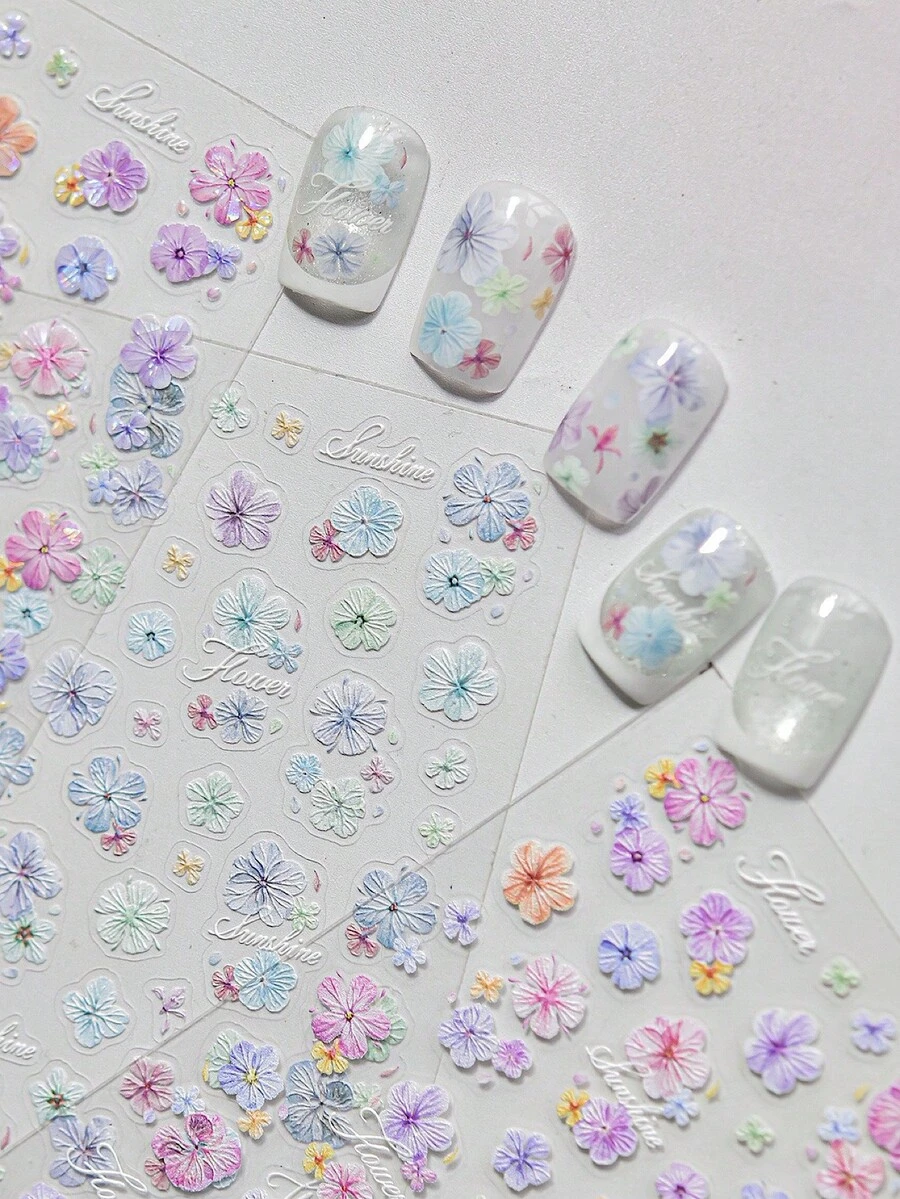 1片春夏马卡龙花卉美甲贴纸，美甲师必备，3D立体浮雕工艺，清新贝壳状花卉美甲装饰设计，自粘式美甲贴纸，DIY美甲贴花，女士美甲配饰礼品，春日氛围美甲装饰贴纸