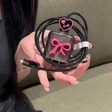 黑色蝴蝶结5件套，紫红色3D蝴蝶结透明黑色波浪贝壳式保护壳，兼容苹果18英寸20W充电器，防裂防刮，女士节礼物 - 透黑 - 查看 1