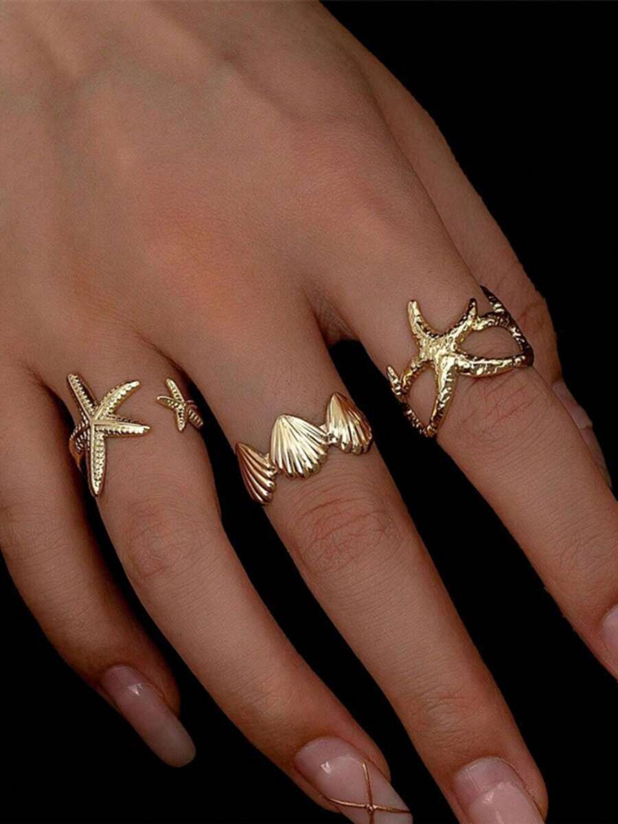 3pcs/Set Starfish Adjustable Rings, Ocean Style Accessories For Beach, Party, Holiday - Multicolor - View 1