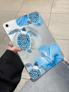 1pc Blue Sea Turtle & Hibiscus Flower Print Protective Case, Transparent TPU Shockproof Protective Cover, Tropical Coastal Aesthetic Design, Compatible With Cases, 11th Generation - Clear - View 2