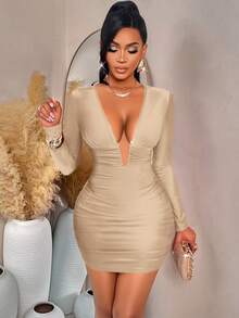 AIJ Amarilo Elegant Sexy Women's Deep V-Neck Long Sleeve Ruched Bodycon Knit Dress, Suitable For Parties And Nightlife Spring - Khaki - View 6