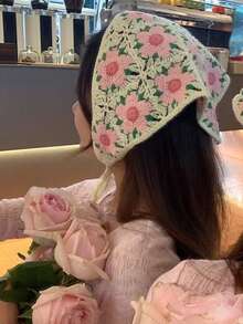 复古法式钩针花卉三角围巾，手工编织女士披肩，户外配饰 - 粉色 - 查看 6