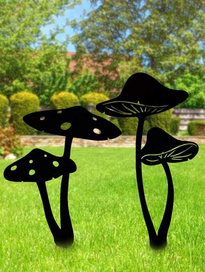 2pcs Metal Mushroom Garden Stakes, Metal Mushroom Silhouette Statues Decor, Outdoor Decorative Garden Sculpture Stakes, Garden Decor, Yard Decor, Lawn Decor