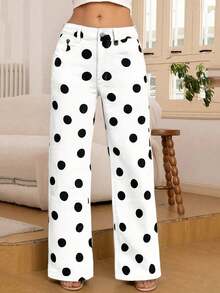 Pantalones rectos de primavera casuales con bolsillo delantero elástico a lunares en estilo retro dulce y nuevo - Blanco - Ver 5