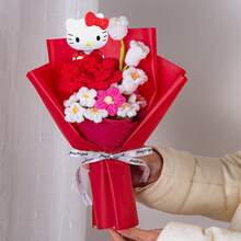 三丽鸥人造花Hello Kitty玫瑰花束，Hello Kitty铃兰，家居及婚礼装饰，妇女节、教师节、母亲节的完美花束，Hello Kitty婚礼花束，家居及花园装饰，适合作为生日礼物送给朋友 - 彩色 - 查看 5