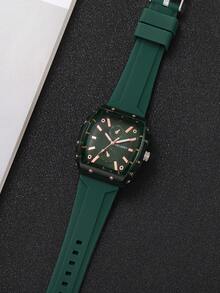 1pc Women's Silicone Watch, Fashion Casual Barrel-Shaped Dual-Eye Numeric Dial Quartz Wristwatch, Minimalist Design (Watch Only, No Box) - Green - View 7