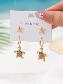 1 Set Anting Stud Bintang Laut dan Anting Lingkaran Kura-kura Pelangi untuk Wanita - Perhiasan Gaya Bohemian untuk Resor Pantai - MultiWarna - View 3