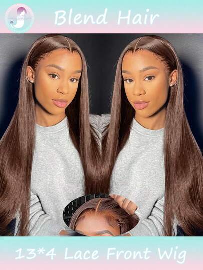 8-36 Inch 13x4 Chocolate Blended Hair Straight Wig Transparent 180% Density Lace Front Wig For Women, Pre Plucked Brown Colored Wigs, No Shedding Soft And Silky(Blended Wigs-A Mix Of Human Blended Hair And Synthetic)Wigs Human Blended Hair/Women's Human Blended Hair Wig/Human Blended Hair Lace Front Wigs/Wigs Glueless/Bleached Knots/Pre Plucked/Lace Wig/Upgrade Your Look/Confidence Boost/Perfect Gift