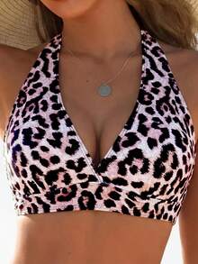 Leopard Print Sexy Spaghetti Strap Lingerie, Women's Deep V Cross Back Camisole, Retro Bralette, Adjustable, Comfortable Undershirt, Bikini Top For Beach Holiday Vacation Summer - Brown - View 3
