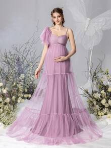 Faeriesty 優雅孕婦心形領洋裝 - 多層網紗裙，適合孕婦攝影、浪漫拍照與家庭聚會 - 藕粉色 - 查看 6