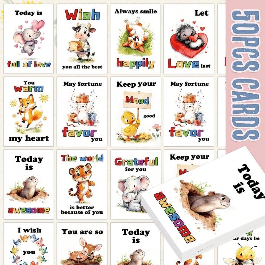 50pcs Cartoon Theme Inspirational Cards - Cute Encouragement Cards With Positive Messages & Animal Illustrations, Positive Affirmation Cards, Daily Motivation Cards For Anyone - A - View 1