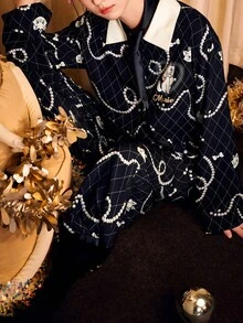 Gongdie Disney 两件套迪士尼玛丽猫印花纯棉长袖睡衣套装，黑色，适合春秋季穿着 - 黑色 - 查看 5