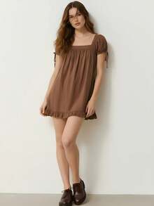 Womens Square Neck Mini Dress Summer Short Sleeve Babydoll Style Lace Trim Casual Loose Dress - 咖啡 - 查看 3