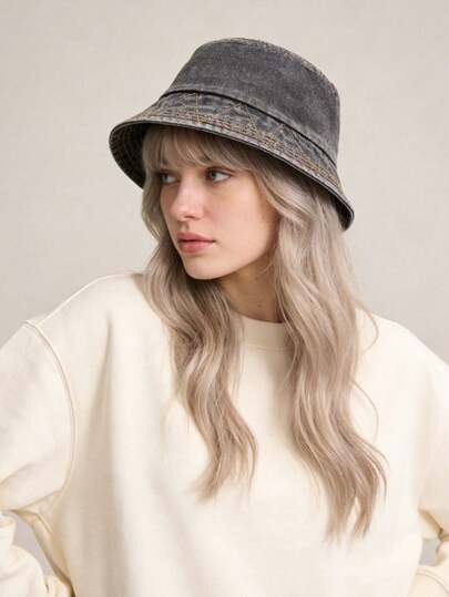 1件装女士纯色休闲波西米亚复古宫廷风派对可爱街头优雅纯色防风防紫外线装饰时尚纯色复古新款牛仔渔夫帽，春/秋季