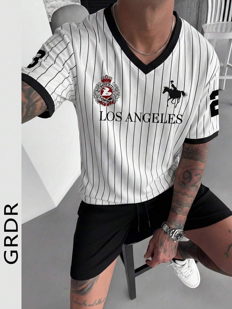 GRDR 男士V领竖条纹休闲户外短袖T恤，春夏新品 - 白色 - 查看 1