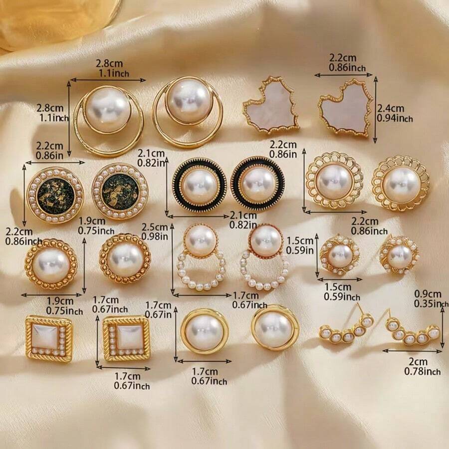 32对时尚复古几何圆形心形仿珍珠耳环，适合日常休闲佩戴、度假，也是节日送礼佳品。（随机发货） - 彩色 - 查看 1