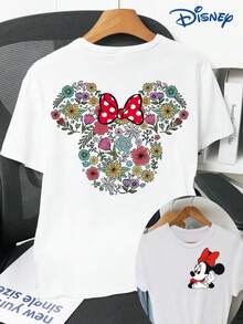 Women's Short-Sleeved T-Shirt, Double-Sided Print On The Front And Back, Featuring Disney Theme And Minnie Mouse Cartoon Image Print. Casual And Stylish Short-Sleeved T-Shirt, Slightly Stretchy, Non-Transparent, Easy-Care Material, Ideal For Everyday Wear. - 白色 - 查看 1