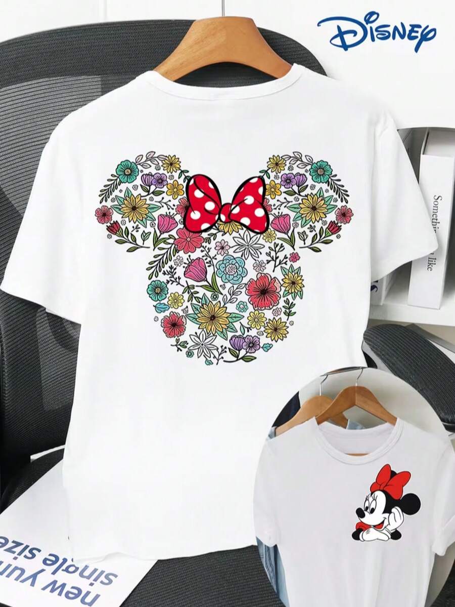 Women's Short-Sleeved T-Shirt, Double-Sided Print On The Front And Back, Featuring Disney Theme And Minnie Mouse Cartoon Image Print. Casual And Stylish Short-Sleeved T-Shirt, Slightly Stretchy, Non-Transparent, Easy-Care Material, Ideal For Everyday Wear. - 白色 - 查看 1