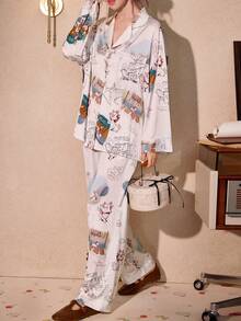 Gongdie 2pcs Disney Marie Cat Print Cotton Long Sleeve Pajama Set For Women, Spring/Autumn - Black and White - View 9