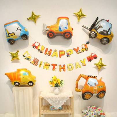 Set de 4 globos de aluminio con diseño de vehículos de construcción, adecuados para decoración de fiestas de cumpleaños infantiles, baby shower y decoración de cumpleaños