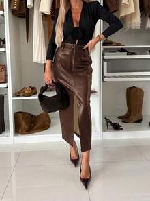 女士纯色高腰开衩大腿PU皮裙，优雅女士棕色半身裙，休闲半身裙，约会之夜皮裙，女士春夏款，情人节半身裙 - 棕色 - 查看 2