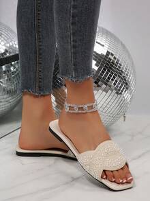 Women's Classic Pearl & Rhinestone Embellished Square Toe Flat Slippers, Suitable For All Seasons - Beige - View 5