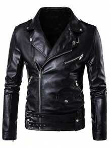 男士中世纪 PU 皮夹克 复古摩托车夹克，秋季 - 黑色 - 查看 2