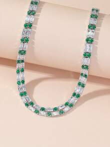 1 chiếc vòng cổ nữ hai lớp đính đá Zirconia hình hoa, kiểu dáng thời trang đa năng phù hợp với váy dạ hội. - Xanh lá cây + Trắng - Xem 5