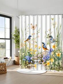 四件套绿色花卉鹦鹉春夏主题浴室浴帘套装，包含浴垫、U型马桶盖套、防水浴帘、现代风格浴室隔断帘，无需钻孔，涤纶材质，可机洗。 - 鳥 - 查看 19