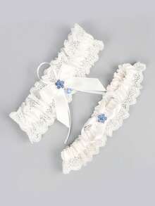 一套女士蝴蝶结蓝色吊袜带，白色蕾丝花朵新娘吊袜带，性感腿部装饰配饰，适合婚礼、夏季、海滩等场合 - 彩色 - 查看 14