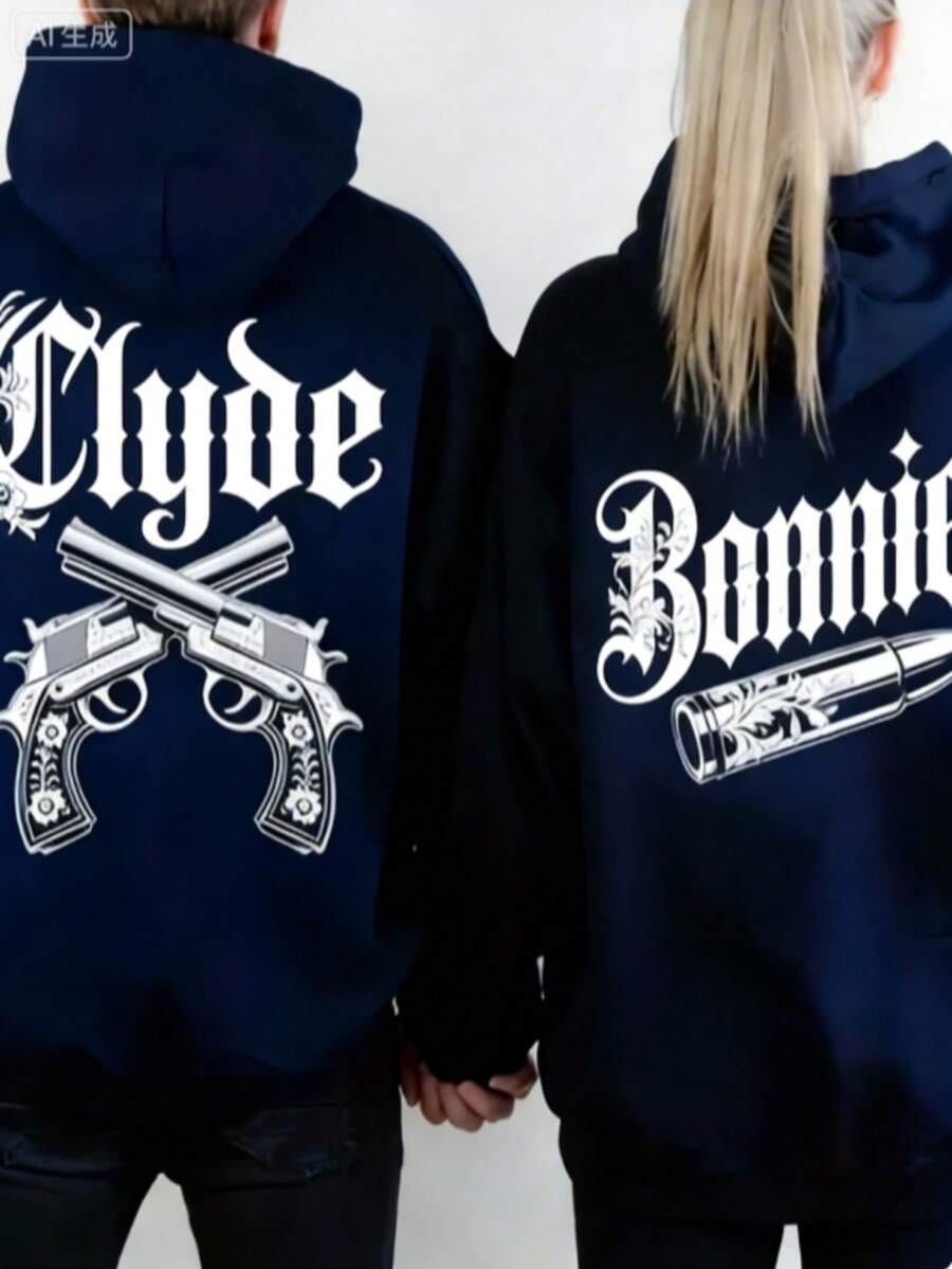 Couple Matching Gothic Bonnie And Clyde Print Hoodie, Unisex 250g Heavyweight Fleece Drawstring Pullover, Valentine's Casual Gift Sweatshirt - 女士款-藏藍色 - 查看 1