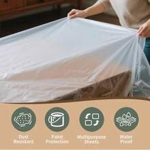 Paquete de 10 paños de caída para pintores 9 x 12 pies tela de plástico tranrente impermeable a prueba de polvo y reente al desgarro para mueb cubia de sofá - Transparente - Ver 6