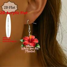 Red Hibiscus 2D Acrylic Earrings – "Bloom Where You Are Planted" Inspirational Dangle Earrings For Women, Girls & Flower Lovers, Perfect For Summer & Everyday Wear - Multicolor - View 8