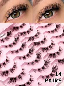 ENCHUW 14 Pairs Fluffy Soft Fine Natural Curly Reusable False Eyelashes With Transparent Band, Suitable For Vacation - Black - View 1