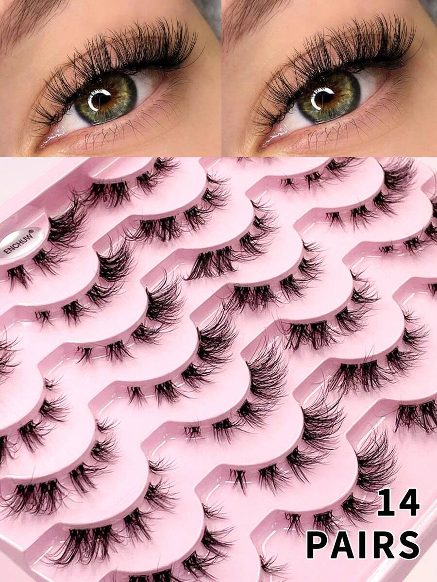 ENCHUW 14 Pairs Fluffy Soft Fine Natural Curly Reusable False Eyelashes With Transparent Band, Suitable For Vacation - Black - View 1
